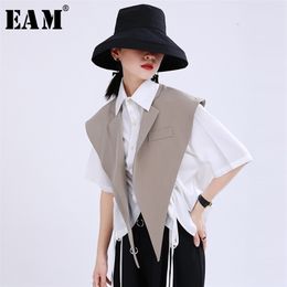 [EAM] Women Loose Fit Khaki Black Brief Irregular Split Joint Vest New Lapel Sleeveless Fashion Tide Spring Summer 1U527 201211