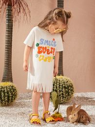 Toddler Girls Drop Shoulder Letter & Floral Print Fringe Hem Dress SHE