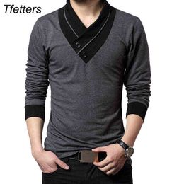 TFETTERS Brand Autumn Fashion Men T-shirt T-Shirt Men Patchwork V-Neck Long Sleeve Slim Fit T-Shirt Cotton Plus Size 4XL G1229