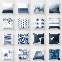 -Cubiertas de almohadas de paisaje geométrico azul de tinta creativa Cubiertas de almohada de cáscara de piel de melocotón Cubiertas de cojines de caza 23 estilo XD24510
