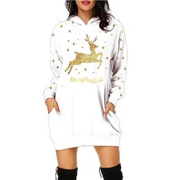 40# Christmas Dress Women Christmas Elk Printed Hoodie Bag Hip Pocket Print Hoodie Fashion Dress Vestidos Invierno 2021 Mujer 201125