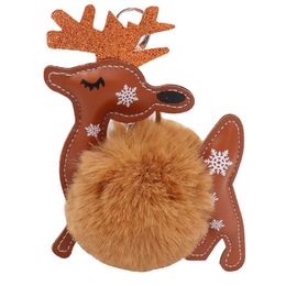 Christmas Keychain Pendant PU Leather Elk Plush Ball Pendant Bag Key Ring Ornament Xmas Small Gift