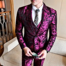 (Jacket +vest+pant ) Rose Pink Smoking Uomo Grooms Suit Men Business Tuxedos Slim Fit Club Party Prom Suit Abito Uomo Cerimonia 201106