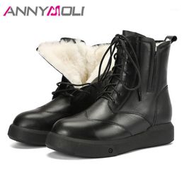 ANNYMOLI Natural Leather Real Wool Fur Ankle Boots Women Platform Flats Snow Boots Round Toe Cross Tied Warm Short Winter1