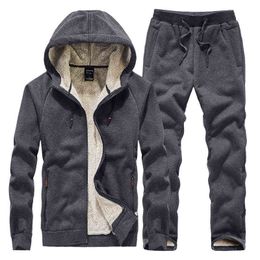 Plus size 6XL 7XL 8XL Winter Men Set Fleece Warm Thick Hooded Jacket+Pants Sets Men Casual Zipper Tracksuit Man Sports Suit Y1221