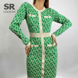 SINGREINY Autumn Retro Print Knitted Dress Female Fashion Elastic Slim Long Sleeve Dresses Winter Warm Korean Streetwear Dress Y220214