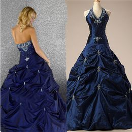 Vintage Embroidery Navy Ball Gown Wedding Dresses Long 2022 Ruched Bling Sequins Beads Gothic Plus Size Wedding Gowns Sexy Halter Open Back