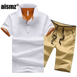 Aismz size M- men set spring summer cotton male two piece suit short sleeve polo shirt+shorts 2 pcs Solid Casual tracksuit LJ201126