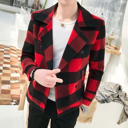 Мужские куртки корейский тренд проверить ретро клетчатое пальто мода тонкая короткая мужская одежда шерстяной 2022 двубортный тренч