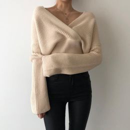 Sweter de malha casual de outono sexy decote em v alcatra longa com suéteres soltos roupas de festa de moda feminina