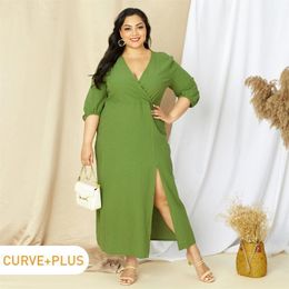 Maternity Dresses 2022 Women Plus Size Elegant 100% Cotton Surplice Neck Slit Maxi Dress