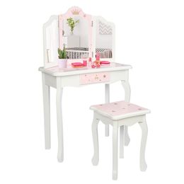 Conjunto de mesa y silla de maquillaje de vanidad de Waco Kids, fingir Beauty Make Up Stef Play Set para niños, rosa con tres espejo plegable