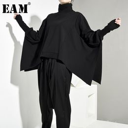 [EAM] Loose Fit Black Oversize Back Long Sweatshirt New High Collar Long Sleeve Women Big Size Fashion Spring Autumn OA8690 201102