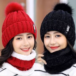 Winter Hat Womens Beanie Hats Thick Warm Skullies Winter Knitted Women Hat Letter Bonnet Beanie Cap Outdoor Riding Hat Scarf Set Y201024