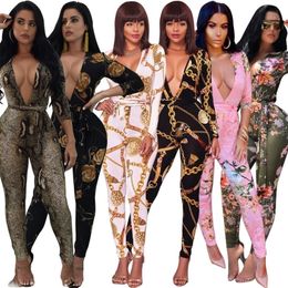 Sexy Elegant With Belt Print Casual Autumn Spring Lady Fashion Bandage Outfit Women Plus Size S-2XL Jumpsuits Rompers 6 Colours T200509