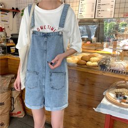 Women's overalls Korean jeans loose pockets wide leg shorts wild one-piece student strap shorts college style casual pants T200704