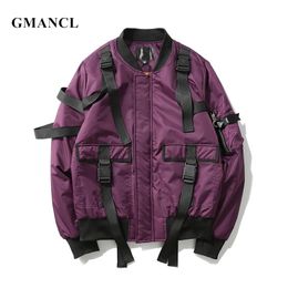 High quality Men Autumn winter Thick warm Multi-pocket Ribbon design bomber jacket Streetwear Man Oversized casual Parka coats 201116