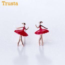 -Stud TrustA 100% 925 Sterling Silver Moda de mujer linda bailarina roja bailarina de bailarina regalo para las niñas de la escuela DA381