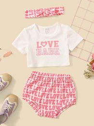 Baby Letter Graphic Tee & Shorts With Headband SHE