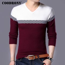 COODRONY Autumn Winter Warm Wool Sweaters Casual Hit Color Patchwork V-neck Pullover Men Brand Slim Fit Cotton Sweater 7155 201130