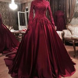 Burgundy Satin Long Sleeves High Neck Muslim Arabic Prom Dresses 2021 Lace Applique Beaded Formal Evening Gowns Vestidos De Fiesta AL8111