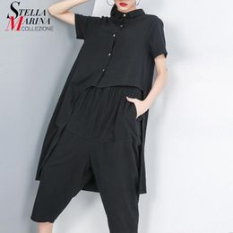 Two Piece Dress 2021 Korean Style Women Summer Black Pieces Set Short Sleeve Blouse Shirt & Calf Length Loose Pants Female Suits 90071