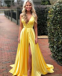2021 Daffodil yellow A-Line Prom Dresses Sexy Deep V Neck Satin Evening gowns High front Slit Ruffled Homecoming Dress