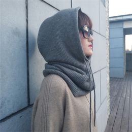 Women Cashmere Wool Hats Bib One Female Winter Thick Knitted Skullies Version Cap Earmuffs Collar Soft Warm Beanies Hooded Scarf Y201024