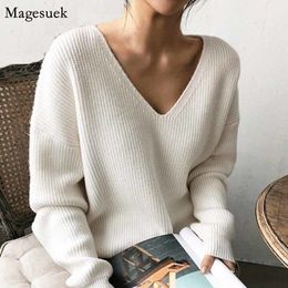 Winter Korean V-Neck Loose Solid Sweater Women Tops Plus Size Pullover Women's Knitwear Bottoming Sweater Pull Femme 10526 201023