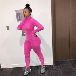 Ladeis Crease Rompers Fashion Trend Sexy Slim Long Sleeve Trousers Jumpsuits Designer Female New Stand-up Collar Solid Colour Sports Jumpsuit