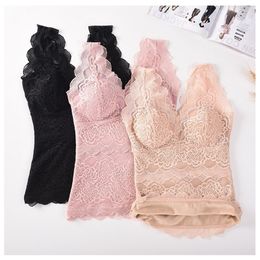 Women Lace Thermal Underwear Winter Slim Body Tops Padded Bra Lifter Warm Vest 201113