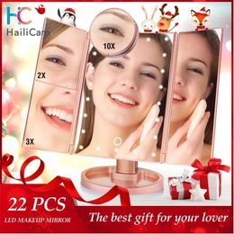 tri fold mirror UK - 22 LED Touch Screen Makeup Mirror with Led Lights 1X 2X 3X 10X Magnifying Cosmetic s 4 in 1 Tri-Folded Desk Table 220218
