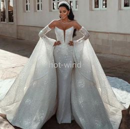 Designer Long Sleeve Mermaid Wedding Dresses With Detachable Train Beaded Crystals Lace Sequined Bridal Gowns EE 2022