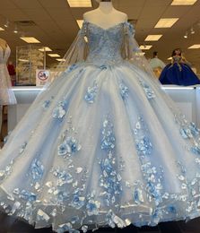 Strap Light Blue Quinceanera Dresses 2022 For Sweet 15 Party Fashion 3D Flower Lace Applique Luxury Princess Birthday Gowns Quince with Cape NL Glitter Tulle Basques