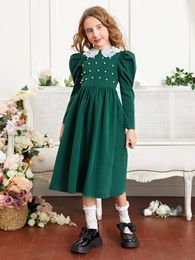 Girls Gigot Sleeve Pearl Beaded Guipure Lace Detail Dress SHE