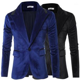 Men's Suits & Blazers Wholesale- Top Quality Autumn Winter Men Velvet Jacket Suit Single Button Business Casual Slim Fit Blazer Royal Blue/N