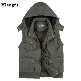 Fleece Hoodie Multi Pocket Men Vest For Winter Autun Male Thick Warm Parka Travel Khaki Sleeveless Waistcoat With Many Pockets 201126