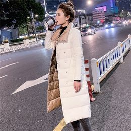 FTLZZ Women Double Sided Down Long Jacket Winter 90% White Duck Down Coat Double Breasted Warm Parkas Snow Outwear 201102