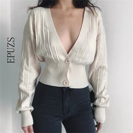black deep v neck sweater NZ - Sexy deep v neck Cropped Cardigan women Ribbed knitted sweater streetwear knitted cardigan casual black korean sweater 201127