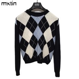 vintage stylish geometric rhombic pullover knitted sweater women fashion long sleeve hot sale outwear england style tops 201111