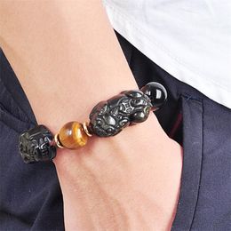 Natural Gold Obsidian Double Pi Yao Wealth Bracelet Good Luck Bracelets Black Stone Natural Obsidian Yellow Tiger Eye Stone Y200730