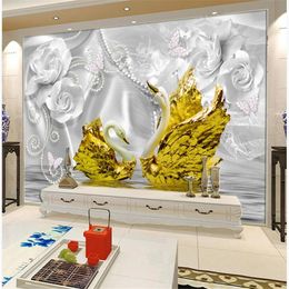 Luxury 3d swan silk flower water pattern jewelry TV background wall 3d murals wallpaper for living room