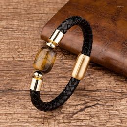 Charm Bracelets Fashion Mens Jewellery Handmade Natural Oval Stone Genuine Leather Gold Stainless Steel Magnetic Clasp For Male Bangles1