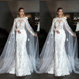 2021 Modest Dresses 3D Floral Applique Handmade Flowers Mermaid With Cape Jewel Neck Chapel Wedding Gown Vestido De Novia 403 403