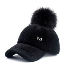 Ball Caps Baseball Cap Letter M Big Pom Hat Women Autumn Winter Fashion Thick Warm Ladies