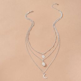 2021 Boho Water Drop Opal Pandent Necklace for Women Silver Colour Sequins Moon Geometry Clavicle Chain Fashion Jewellery