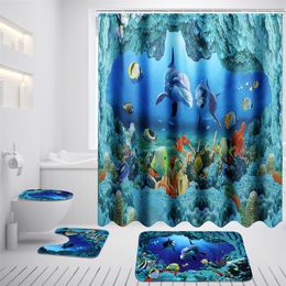 Xueqin Ocean Dolphin Deep Sea Shower Curtain Polyester Waterproof Curtains Bathroom Pedestal Rug Lid Toilet Cover Bath Mat Set LJ201130