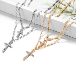 Fashion Double Layer Rhinestone Cross Pendant Necklace Gold Silver Colour Hip Hop Long Chain Cross Necklace Women Jewellery