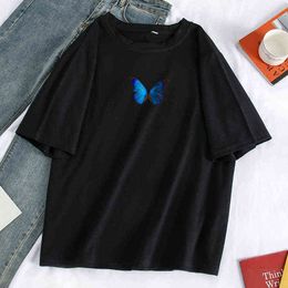 Blue Butterfly T Shirts Women Black Short Sleeve Print Plus Size Tshirts Streetwear Vintage Harajuku Tees Tops Camiseta Female G220228