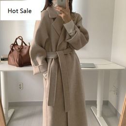 Aachoae Women Elegant Long Wool Coat With Belt Solid Color Long Sleeve Chic Outerwear Ladies Overcoat Autumn Winter